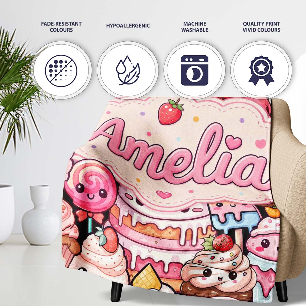 Kawaii Sweet Treats Cakes Donuts Candy and Cupcakes Collage  Personalised Custom Name Super Soft Fleece Blanket Bed Sofa Throw