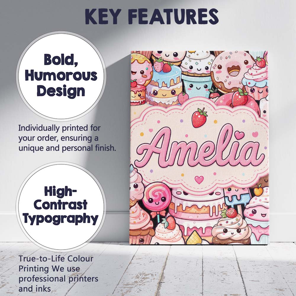 Personalised Name Kawaii Sweet Treats Cakes Custom  Bespoke Interior Contemporary Canvas Wall Art Print Decor Picture Ready to Hang