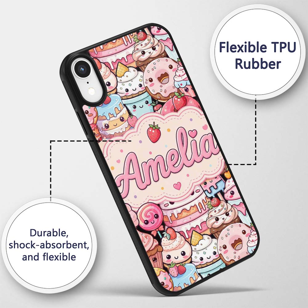 Kawaii Sweet Treats Cakes Donuts Printed Design Custom Name Protective Phone Case Mobile Cover Durable Everyday Smartphone Shock Resistant