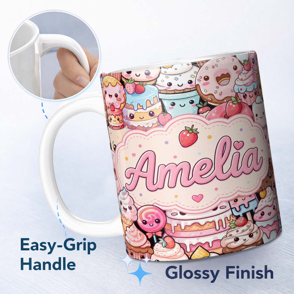 Personalized Custom Name Kawaii Sweet Treats Cakes Donuts Candy and Cupcakes Collage 11oz Ceramic Coffee Tea Mug White Large Handle