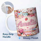 Personalized Custom Name Kawaii Sweet Treats Cakes Donuts Candy and Cupcakes Collage 11oz Ceramic Coffee Tea Mug White Large Handle