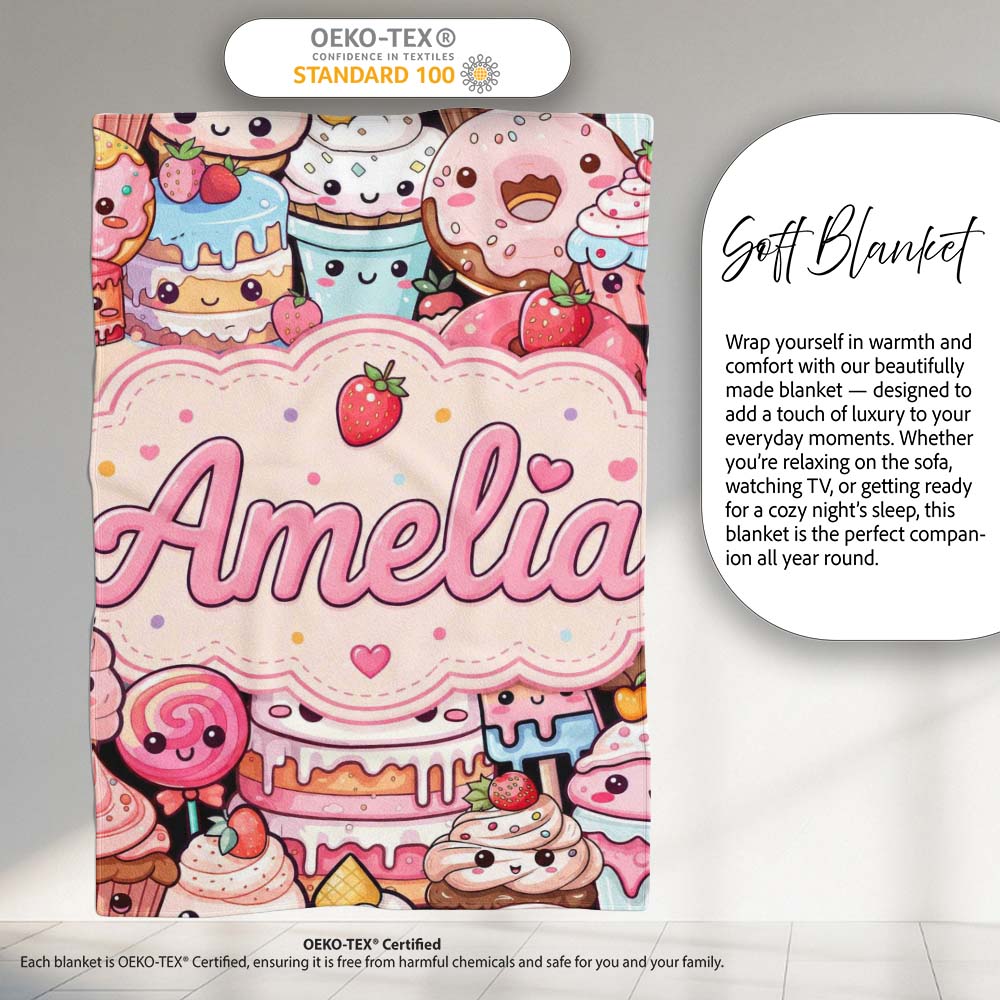 Kawaii Sweet Treats Cakes Donuts Candy and Cupcakes Collage  Personalised Custom Name Super Soft Fleece Blanket Bed Sofa Throw