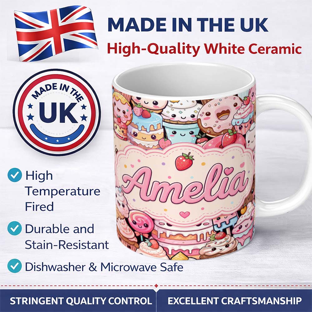 Personalized Custom Name Kawaii Sweet Treats Cakes Donuts Candy and Cupcakes Collage 11oz Ceramic Coffee Tea Mug White Large Handle