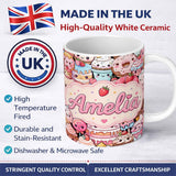 Personalized Custom Name Kawaii Sweet Treats Cakes Donuts Candy and Cupcakes Collage 11oz Ceramic Coffee Tea Mug White Large Handle