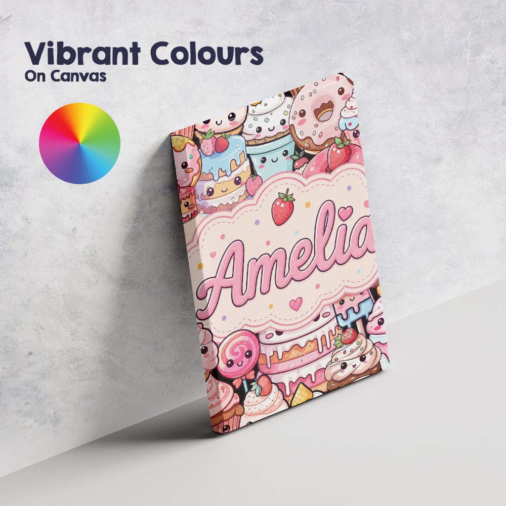 Personalised Name Kawaii Sweet Treats Cakes Custom  Bespoke Interior Contemporary Canvas Wall Art Print Decor Picture Ready to Hang