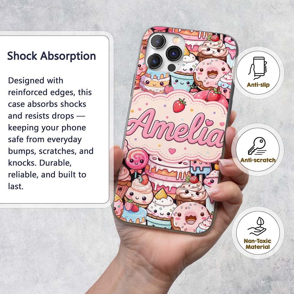 Kawaii Sweet Treats Cakes Donuts Printed Design Custom Name Protective Phone Case Mobile Cover Durable Everyday Smartphone Shock Resistant