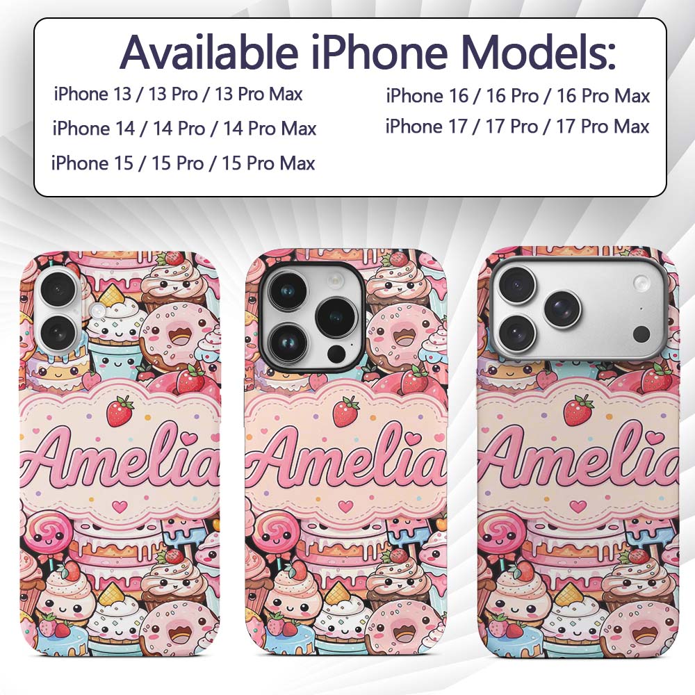 Kawaii Sweet Treats Cakes Donuts Printed Design Custom Name Protective Phone Case Mobile Cover Durable Everyday Smartphone Shock Resistant