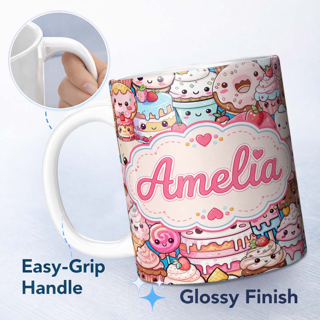 Personalized Custom Name Desserts Cakes Cupcakes Donuts and Sweets Blue Background Seamless 11oz Ceramic Coffee Tea Mug White Large Handle