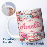 Personalized Custom Name Desserts Cakes Cupcakes Donuts and Sweets Blue Background Seamless 11oz Ceramic Coffee Tea Mug White Large Handle