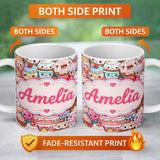 Personalized Custom Name Desserts Cakes Cupcakes Donuts and Sweets Teal Background Seamless 11oz Ceramic Coffee Tea Mug White Large Handle