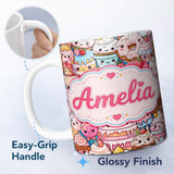 Personalized Custom Name Desserts Cakes Cupcakes Donuts and Sweets Teal Background Seamless 11oz Ceramic Coffee Tea Mug White Large Handle
