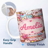 Personalized Custom Name Desserts Cakes Cupcakes Donuts and Sweets Pink Background Seamless 11oz Ceramic Coffee Tea Mug White Large Handle