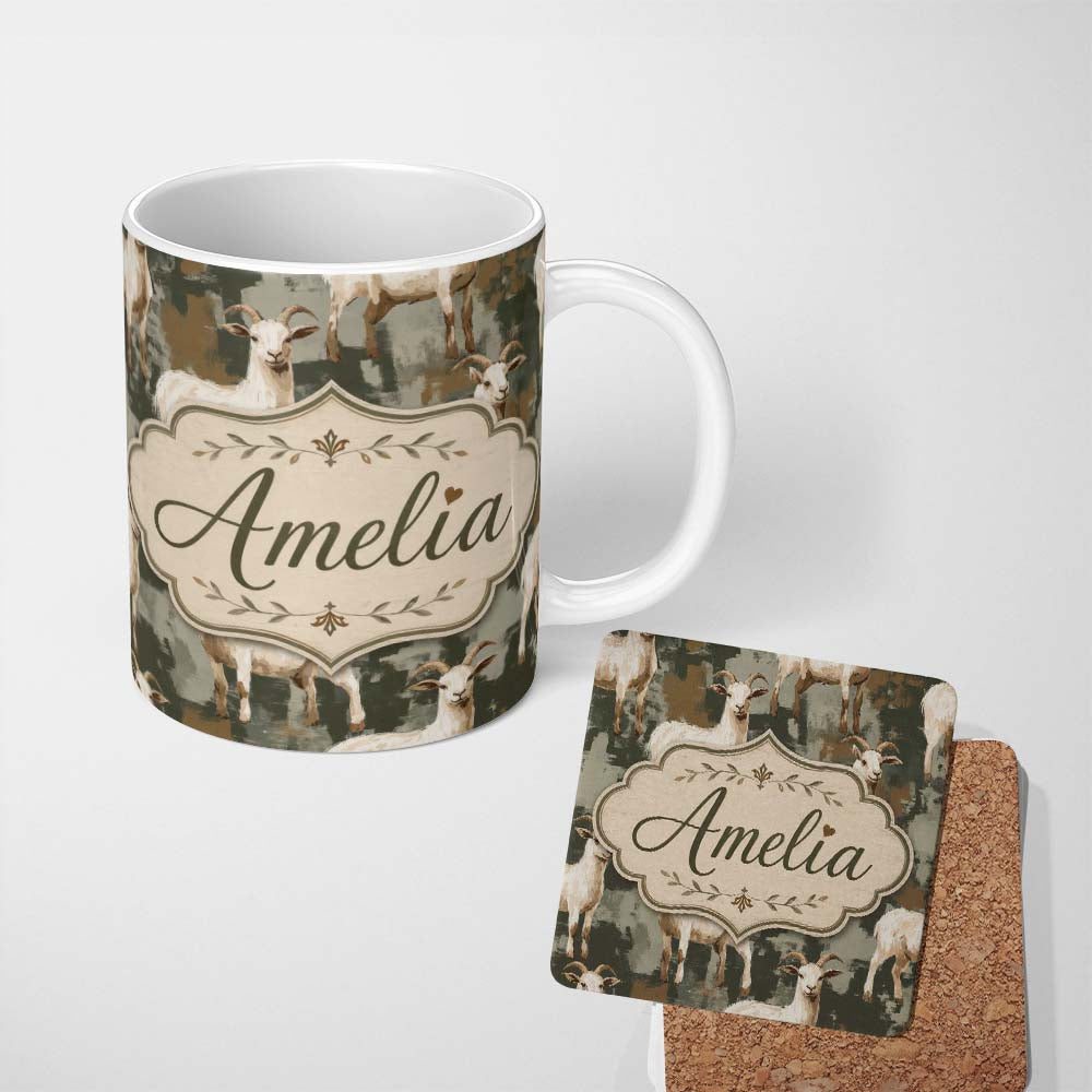 Personalized Custom Name Rustic Farm Goat Animal Illustration Seamless Pattern Lovely 11oz Ceramic Coffee Tea Mug White Large Handle