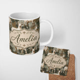 Personalized Custom Name Rustic Farm Goat Animal Illustration Seamless Pattern Lovely 11oz Ceramic Coffee Tea Mug White Large Handle