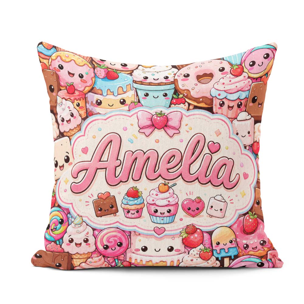 Custom Name Desserts Cakes Cupcake Donuts and Sweets Light Pink Square Filled Cushion Throw Pillow Sofa Bed Home Decor Zip Washable UK Made