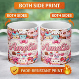 Personalized Custom Name Desserts Cakes Cupcake Donuts and Sweets Light Pink Background 11oz Ceramic Coffee Tea Mug White Large Handle