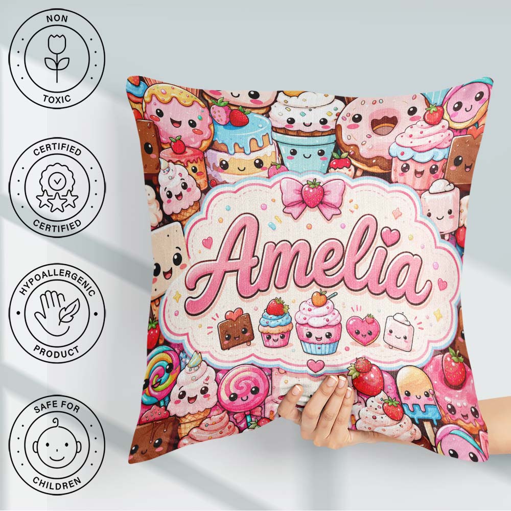 Custom Name Desserts Cakes Cupcake Donuts and Sweets Light Pink Square Filled Cushion Throw Pillow Sofa Bed Home Decor Zip Washable UK Made