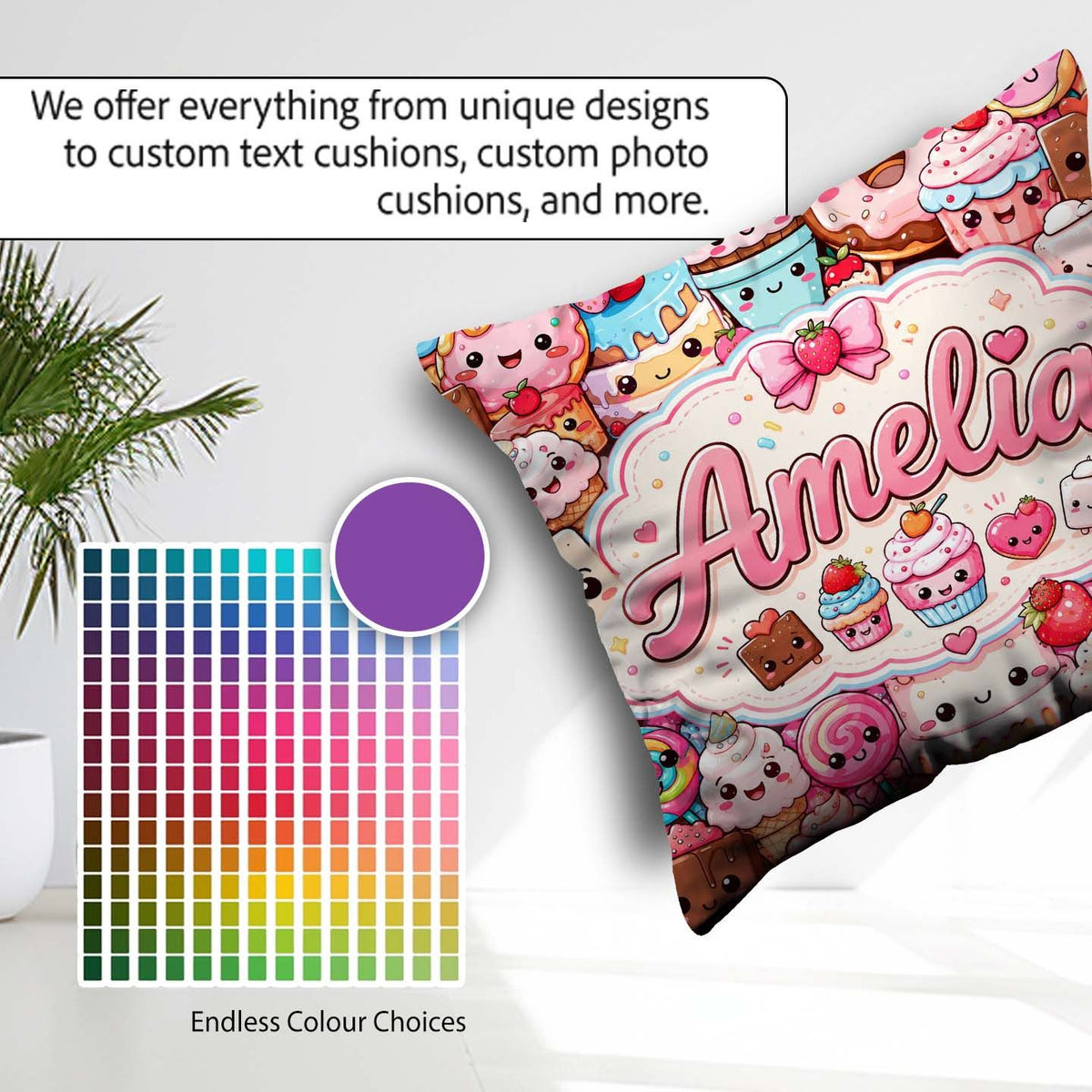 Custom Name Desserts Cakes Cupcake Donuts and Sweets Light Pink Square Filled Cushion Throw Pillow Sofa Bed Home Decor Zip Washable UK Made