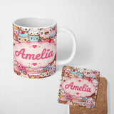 Personalized Custom Name Desserts Cakes Cupcakes Donuts and Sweets Cream Background Seamless 11oz Ceramic Coffee Tea Mug White Large Handle