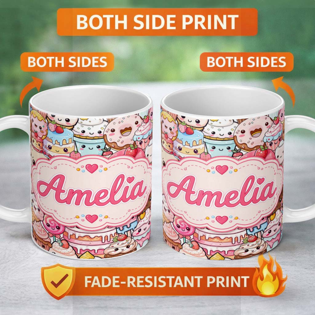 Personalized Custom Name Desserts Cakes Cupcakes Donuts and Sweets Cream Background Seamless 11oz Ceramic Coffee Tea Mug White Large Handle