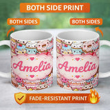 Personalized Custom Name Desserts Cakes Cupcakes Donuts and Sweets Cream Background Seamless 11oz Ceramic Coffee Tea Mug White Large Handle