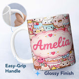 Personalized Custom Name Desserts Cakes Cupcakes Donuts and Sweets Cream Background Seamless 11oz Ceramic Coffee Tea Mug White Large Handle