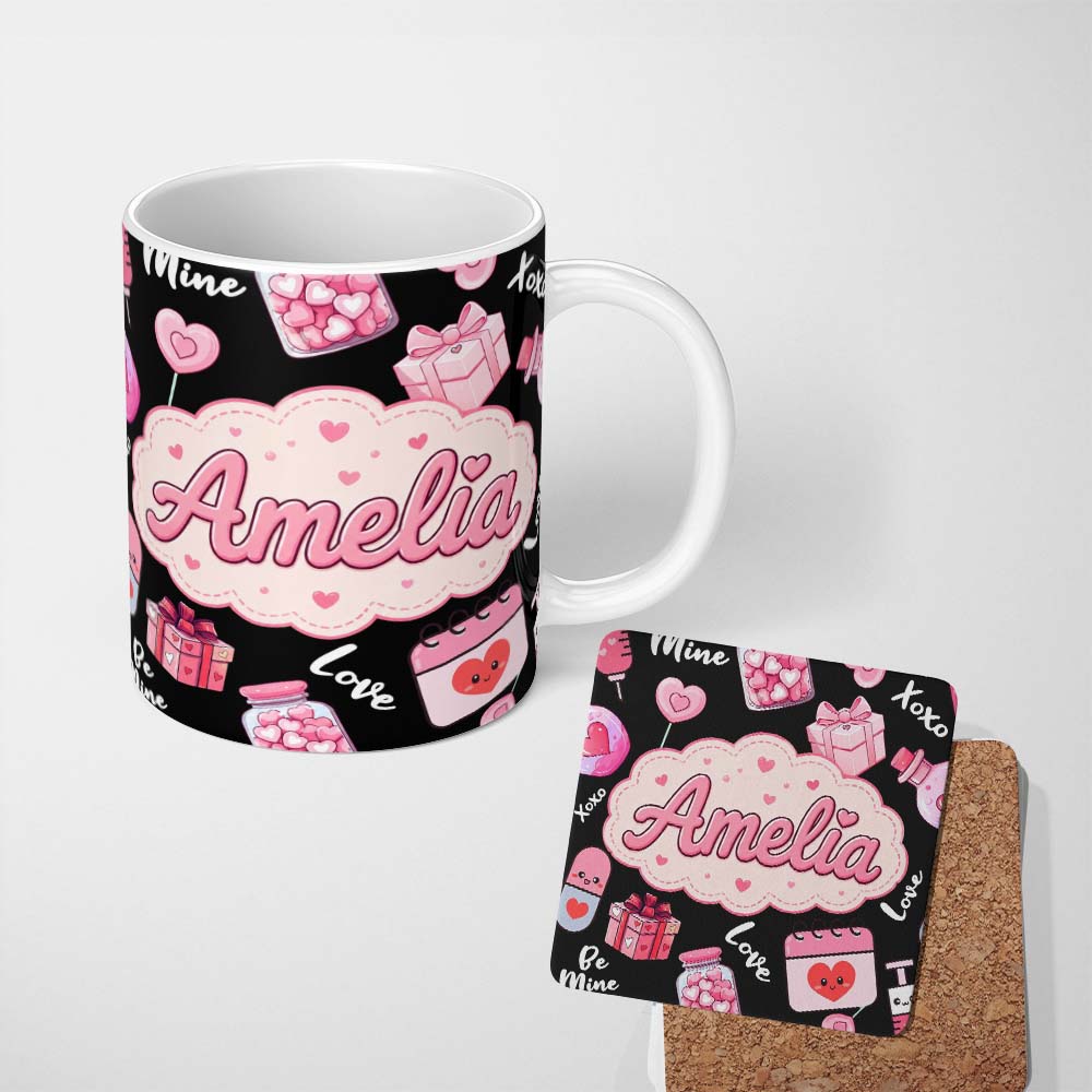 Personalized Custom Name Valentines Love Hearts Gifts Syringe Candy Black Background 11oz Ceramic Coffee Tea Mug White Large Handle