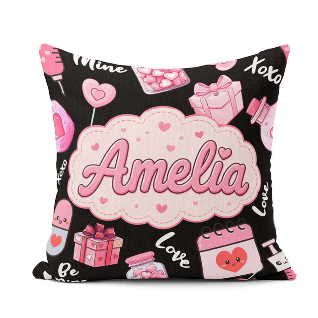 Custom Name Valentines Love Gifts Syringe Candy Black Background Square Filled Cushion Throw Pillow Sofa Bed Home Decor Zip Washable UK Made