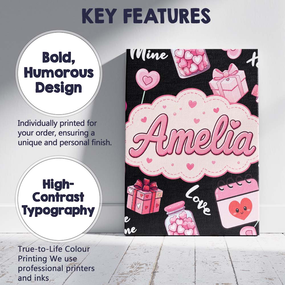 Personalised Name Valentines Love Hearts Custom  Unique Gift Idea Elegant Feature Canvas Wall Art Print Decor Picture Ready to Hang