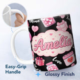 Personalized Custom Name Valentines Love Hearts Gifts Syringe Candy Black Background 11oz Ceramic Coffee Tea Mug White Large Handle