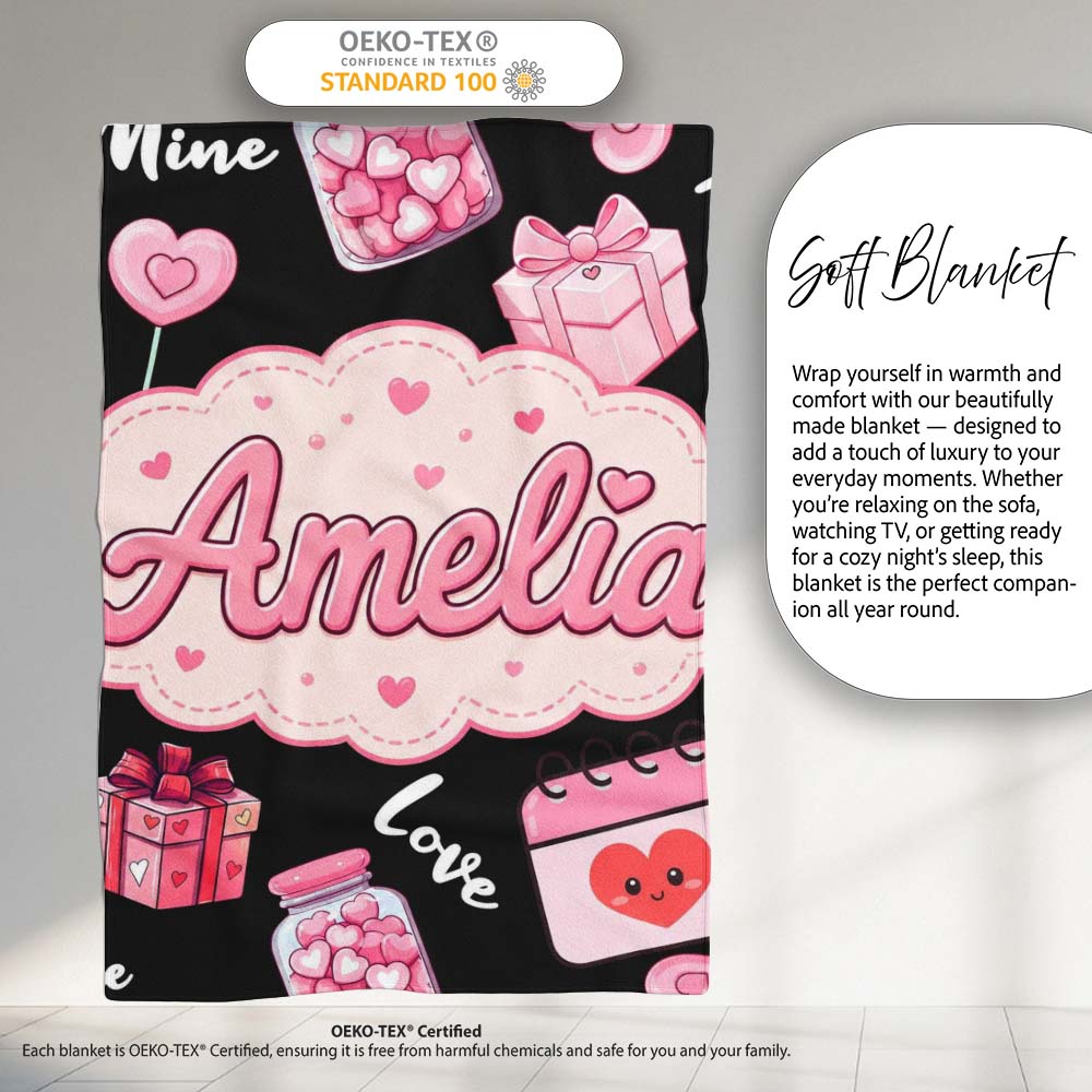 Valentines Love Hearts Gifts Syringe Candy Black Background  Personalised Custom Name Super Soft Fleece Blanket Bed Sofa Throw