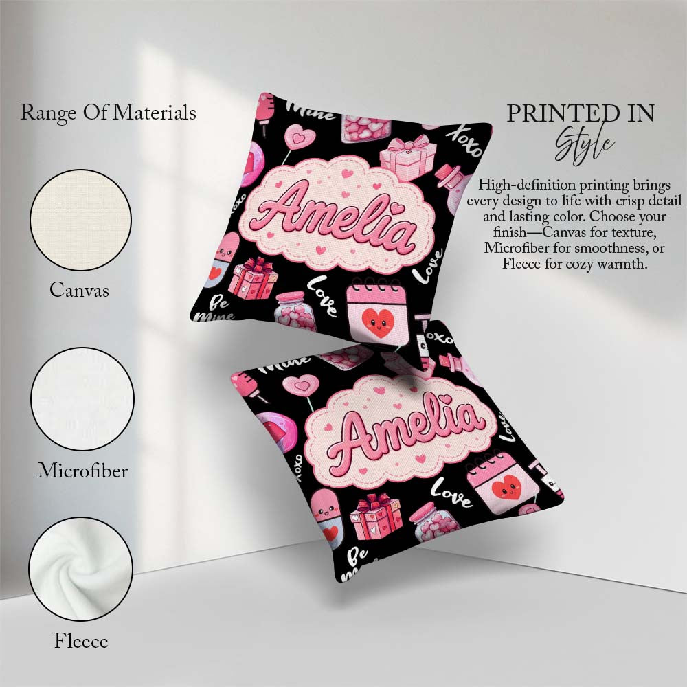 Custom Name Valentines Love Gifts Syringe Candy Black Background Square Filled Cushion Throw Pillow Sofa Bed Home Decor Zip Washable UK Made