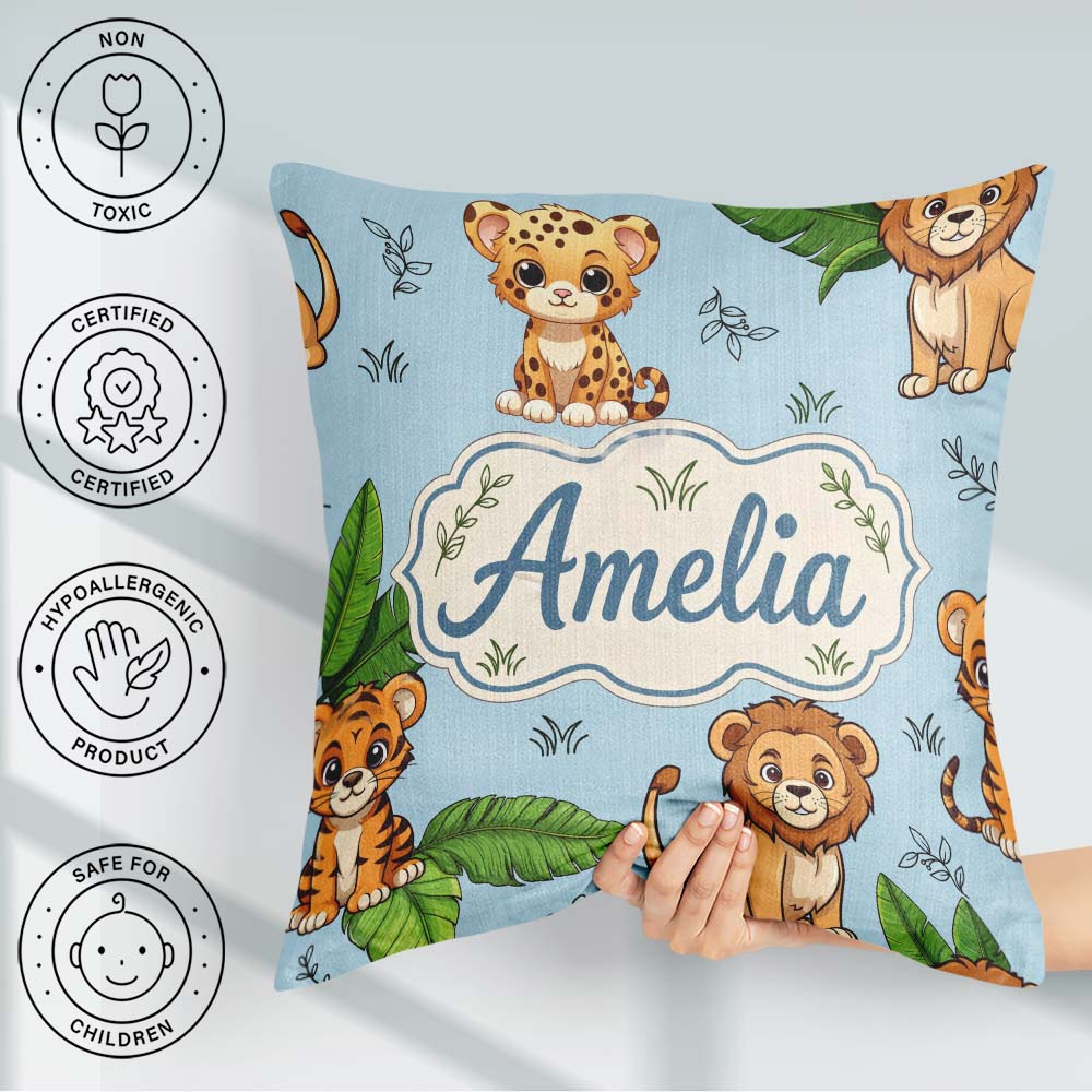 Custom Name Cute Jungle Animals Leaves Seamless Pattern for Her Square Filled Cushion Throw Pillow Sofa Bed Home Decor Zip Washable UK Made