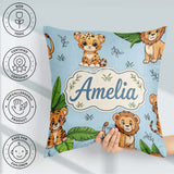 Custom Name Cute Jungle Animals Leaves Seamless Pattern for Her Square Filled Cushion Throw Pillow Sofa Bed Home Decor Zip Washable UK Made