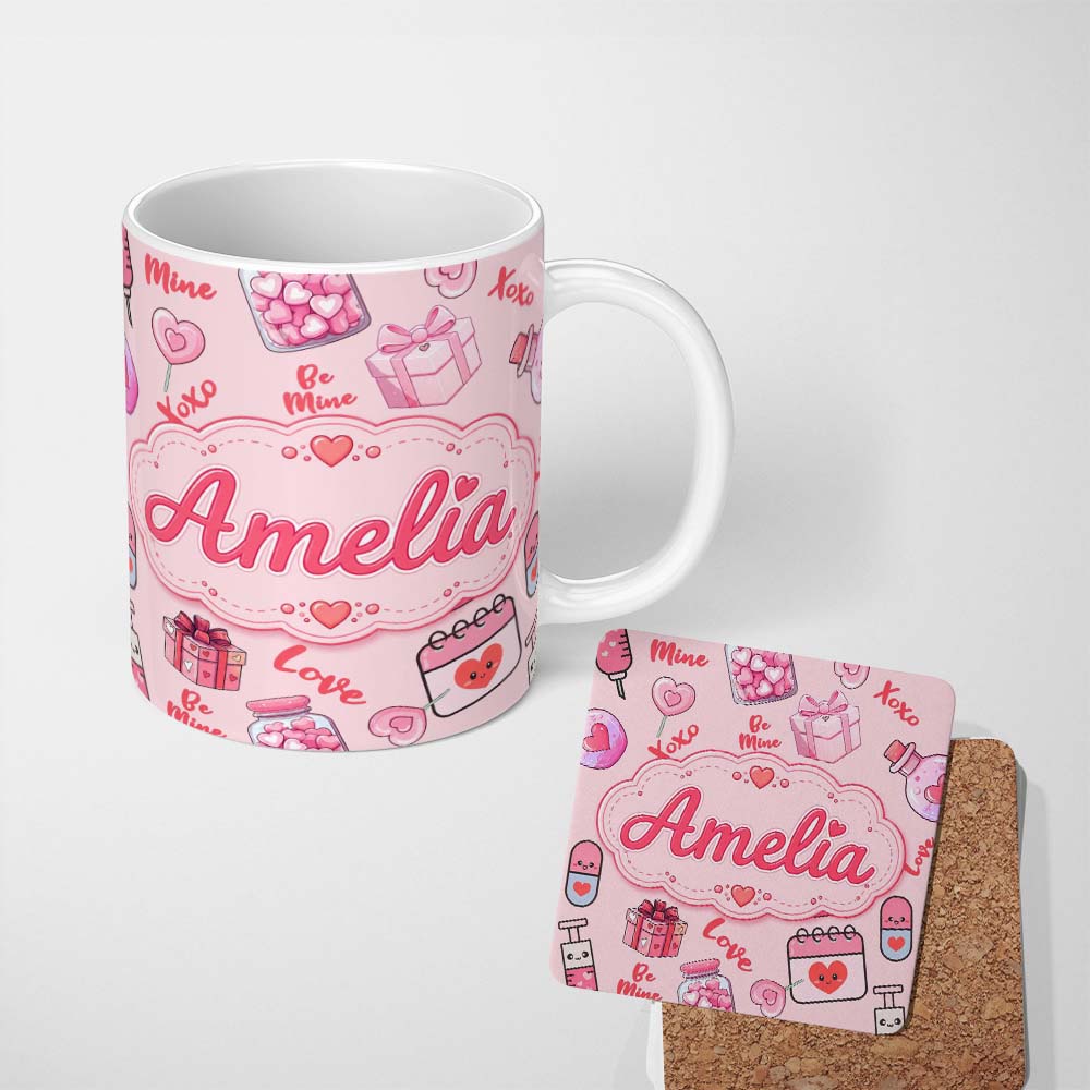 Personalized Custom Name Valentines Love Hearts Gifts Syringe Candy Pink Background Seamless 11oz Ceramic Coffee Tea Mug White Large Handle