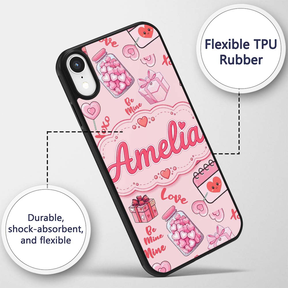 Valentines Love Hearts Gifts Syringe Candy Pink Custom Name Protective Phone Case Mobile Cover Durable Everyday Smartphone Shock Resistant
