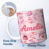 Personalized Custom Name Valentines Love Hearts Gifts Syringe Candy Pink Background Seamless 11oz Ceramic Coffee Tea Mug White Large Handle