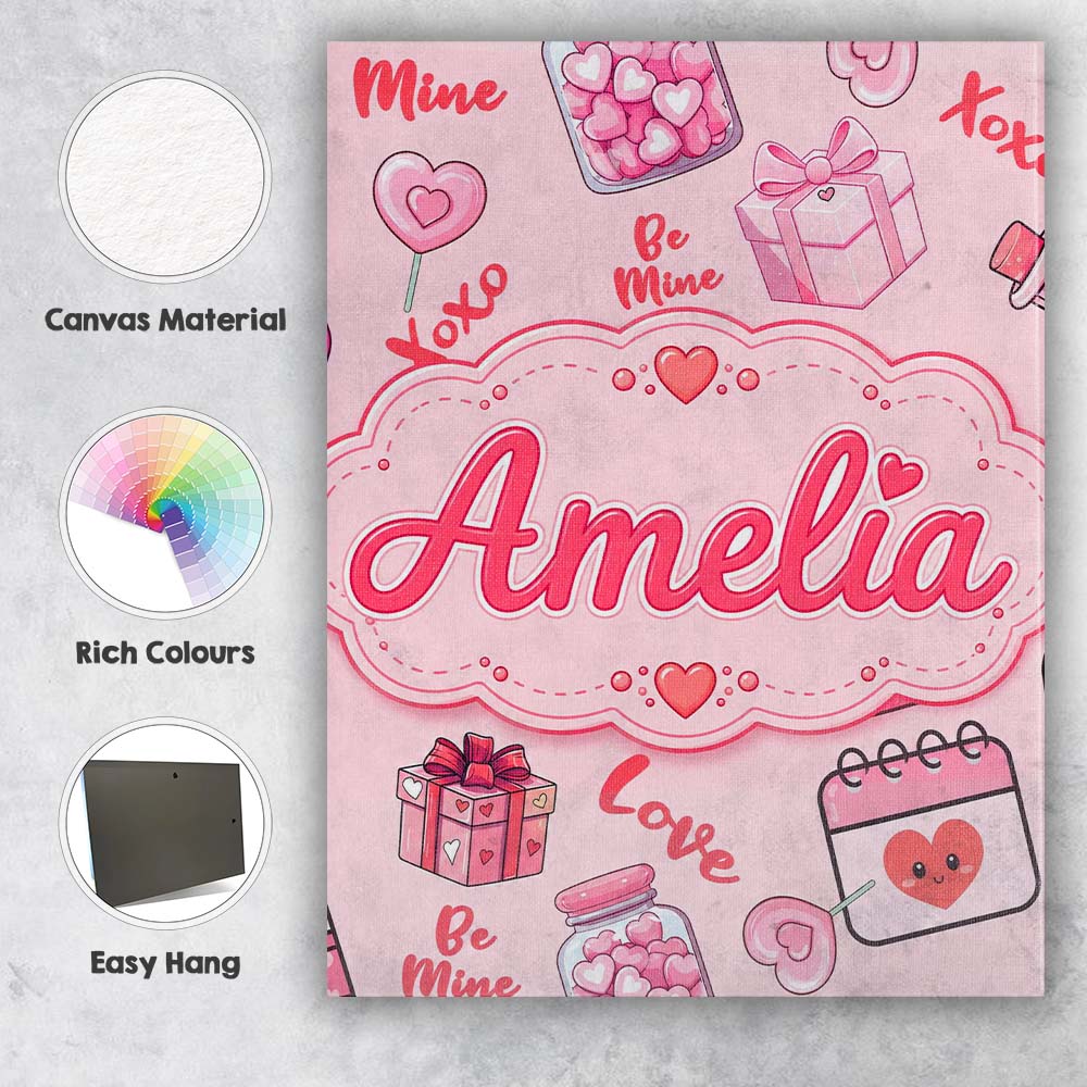 Personalised Name Valentines Love Hearts Custom  Unique Gift Idea Elegant Feature Canvas Wall Art Print Decor Picture Ready to Hang