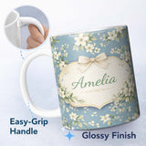Personalized Custom Name Soft White Floral Blossom Vintage Style Thoughtful Gift Idea Lovely 11oz Ceramic Coffee Tea Mug White Large Handle