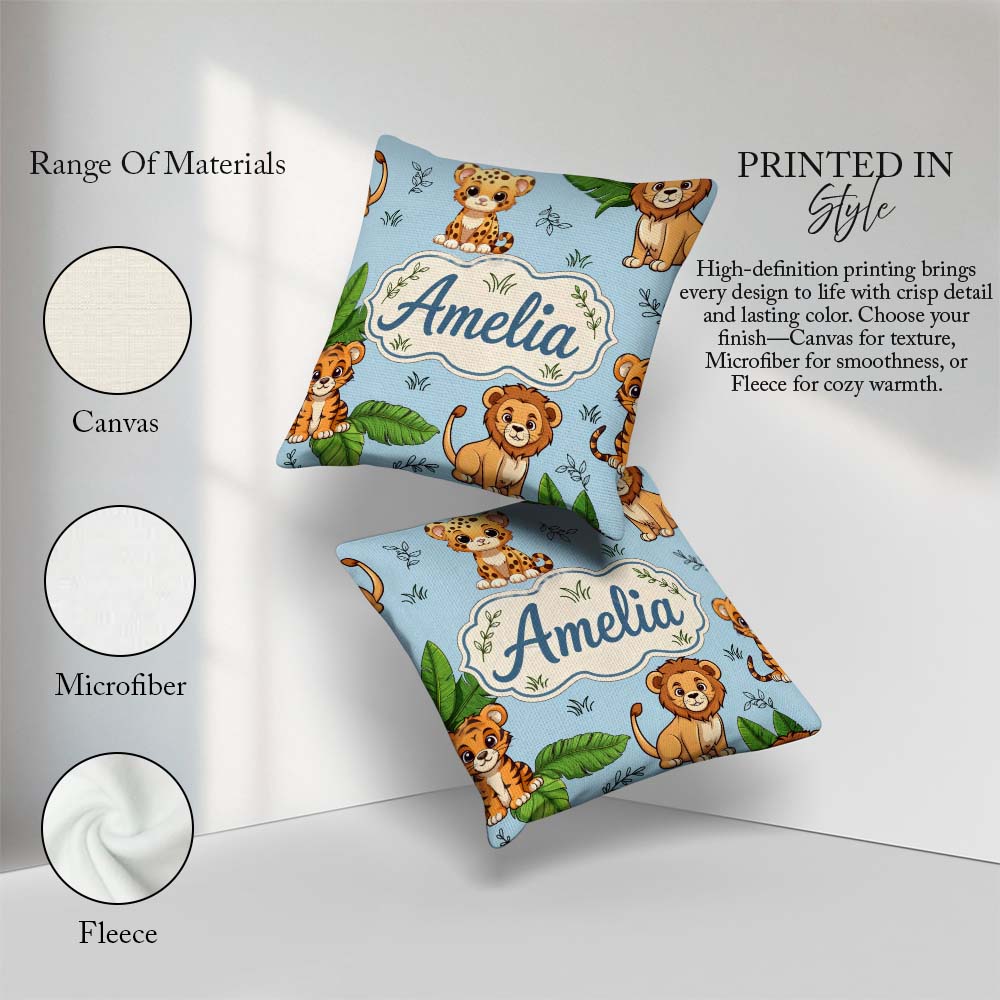 Custom Name Cute Jungle Animals Leaves Seamless Pattern for Her Square Filled Cushion Throw Pillow Sofa Bed Home Decor Zip Washable UK Made