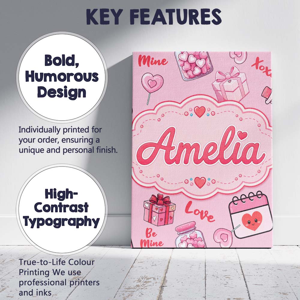 Personalised Name Valentines Love Hearts Custom  Unique Gift Idea Elegant Feature Canvas Wall Art Print Decor Picture Ready to Hang