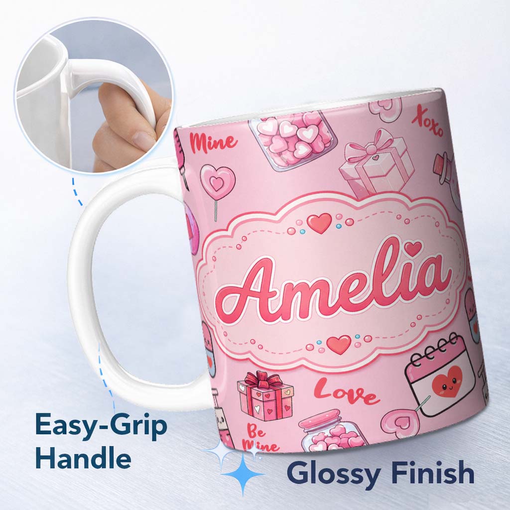 Personalized Custom Name Valentines Love Hearts Gifts Candy Syringe Pink Background Seamless 11oz Ceramic Coffee Tea Mug White Large Handle