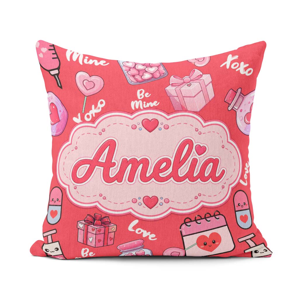 Custom Name Valentines Hearts Gifts Candy Syringe Red Background Square Filled Cushion Throw Pillow Sofa Bed Home Decor Zip Washable UK Made