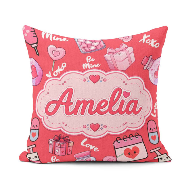 Custom Name Valentines Hearts Gifts Candy Syringe Red Background Square Filled Cushion Throw Pillow Sofa Bed Home Decor Zip Washable UK Made