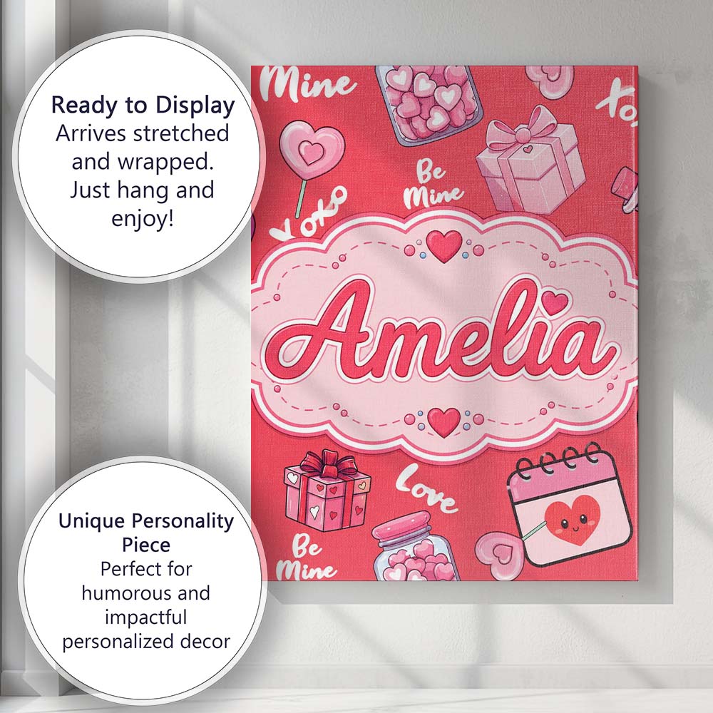 Personalised Name Valentines Love Hearts Custom  Unique Gift Idea Elegant Feature Canvas Wall Art Print Decor Picture Ready to Hang