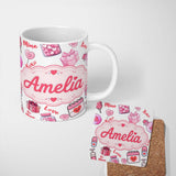 Personalized Custom Name Valentines Love Hearts Gifts Candy Syringe Grey Background Seamless 11oz Ceramic Coffee Tea Mug White Large Handle