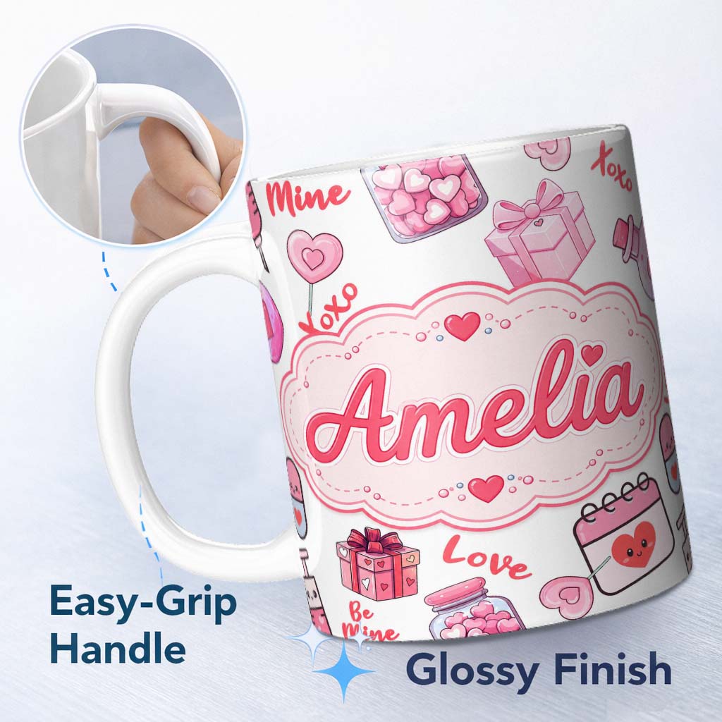Personalized Custom Name Valentines Love Hearts Gifts Candy Syringe Grey Background Seamless 11oz Ceramic Coffee Tea Mug White Large Handle