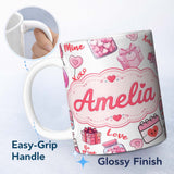 Personalized Custom Name Valentines Love Hearts Gifts Candy Syringe Grey Background Seamless 11oz Ceramic Coffee Tea Mug White Large Handle