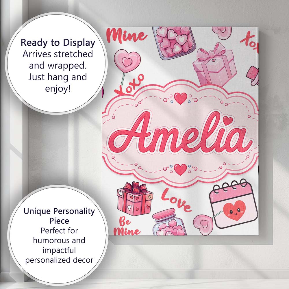 Personalised Name Valentines Love Hearts Custom  Unique Gift Idea Elegant Feature Canvas Wall Art Print Decor Picture Ready to Hang