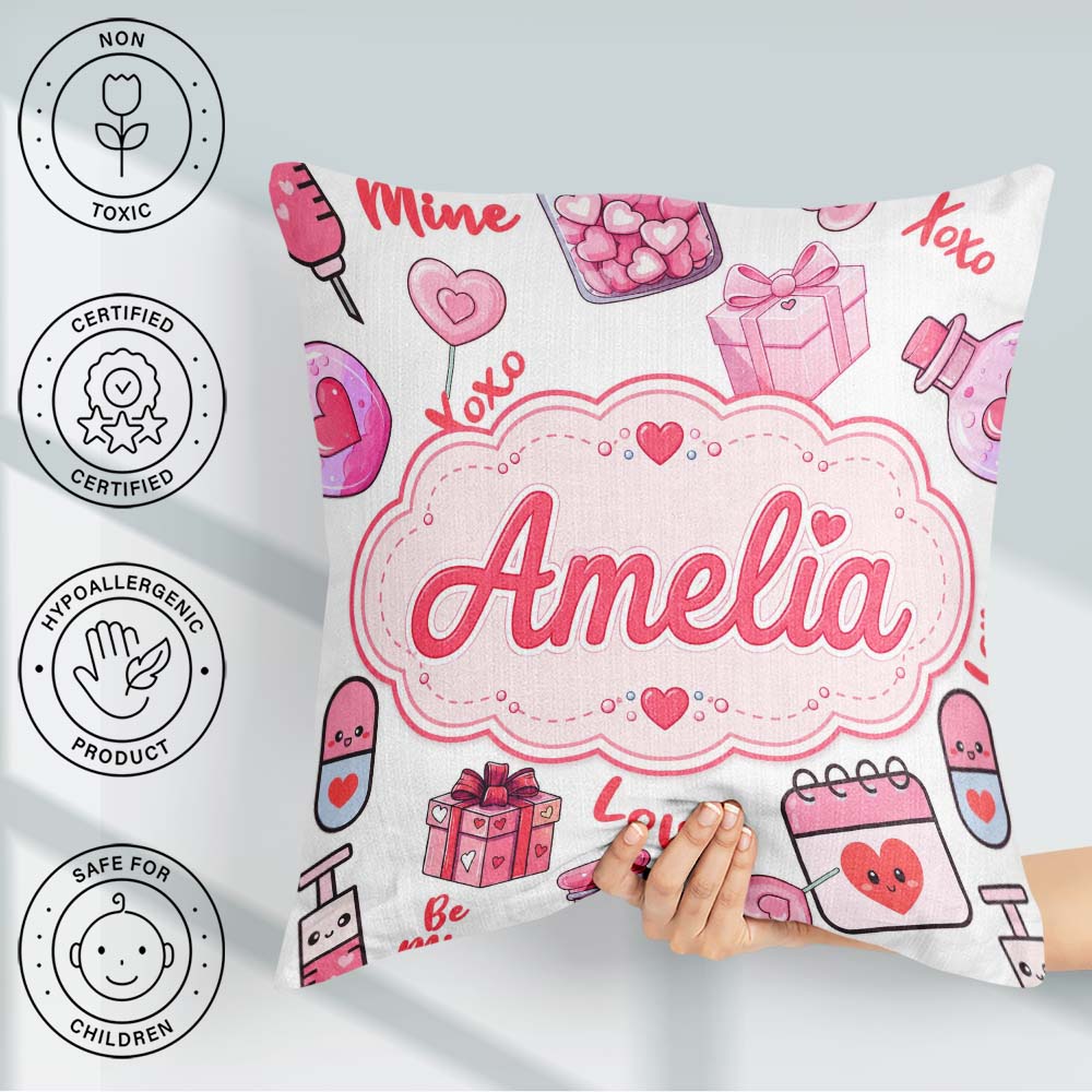 Custom Name Valentines Hearts Gifts Candy Syringe Grey Seamless Square Filled Cushion Throw Pillow Sofa Bed Home Decor Zip Washable UK Made